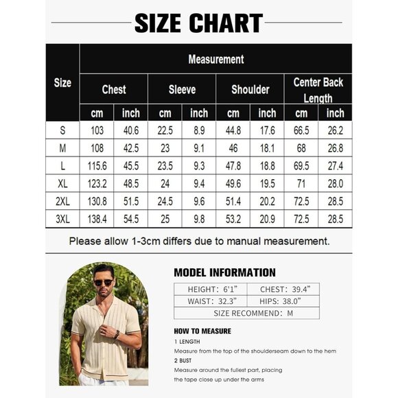 Men's White Short Sleeve Knit Shirt Casual Button Down Shirt Vintage Striped - Picture 6 of 6